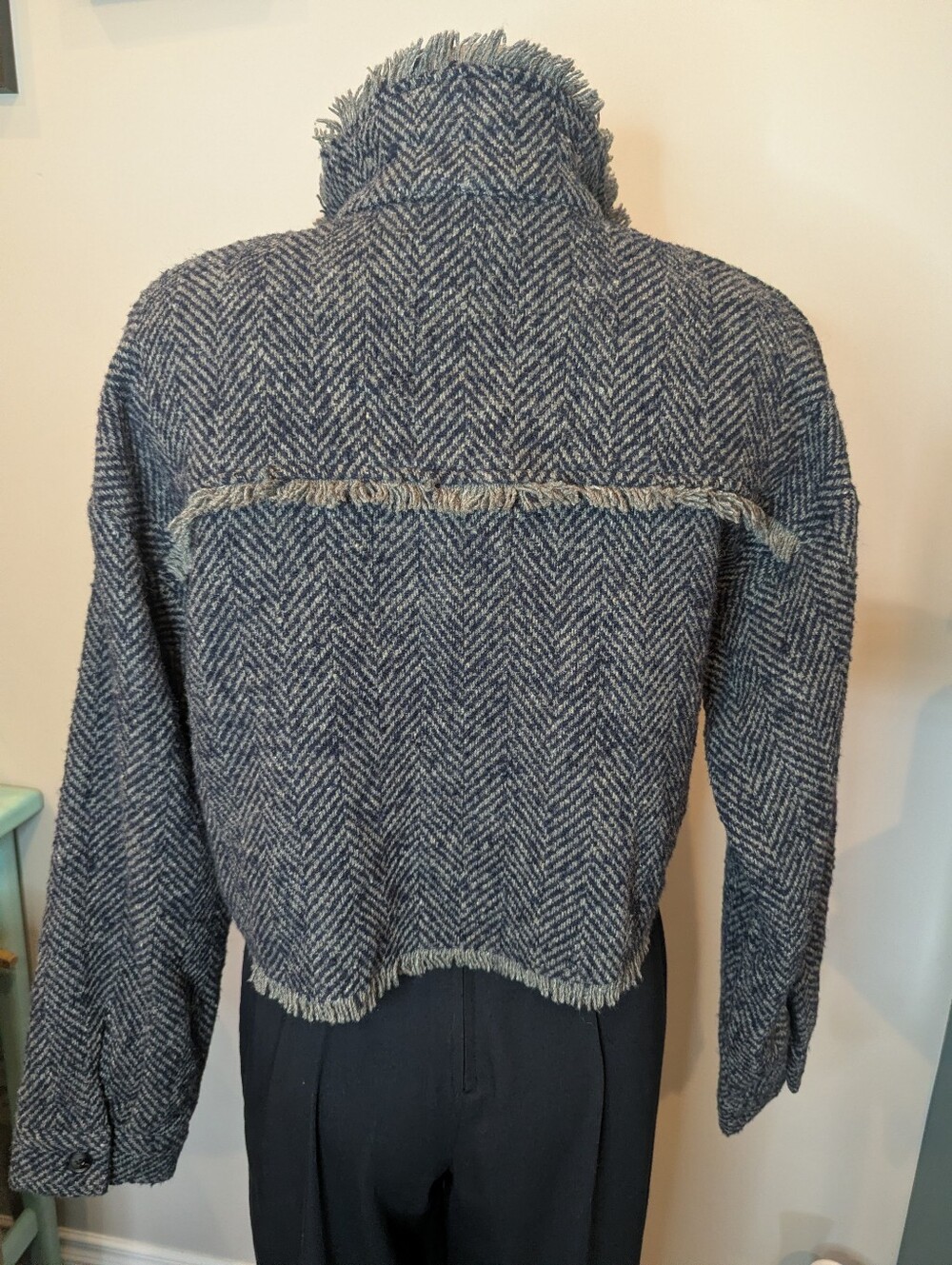 Sage The Label Jacket Women Gray Wool Blend Cropped Herringbone Tweed size L - Picture 3 of 10